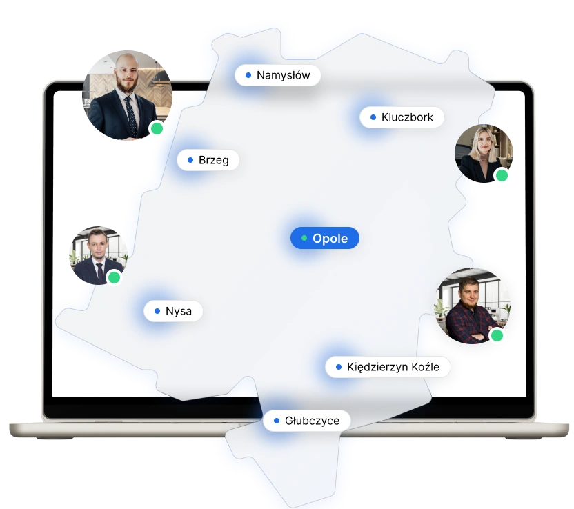 Mapa województwa z zaznaczonymi miastami: Namysłów, Kluczbork, Brzeg, Nysa, Kędzierzyn-Koźle, Głubczyce i Opole. Obok widoczna statystyka pokazująca liczbę 37 miast, 71 gmin i 1017 miejscowości, w których świadczona jest pomoc prawna w sprawach odszkodowawczych. W centrum znajduje się zdjęcie prawniczki na tle eleganckiego biura, symbolizujące profesjonalną obsługę.