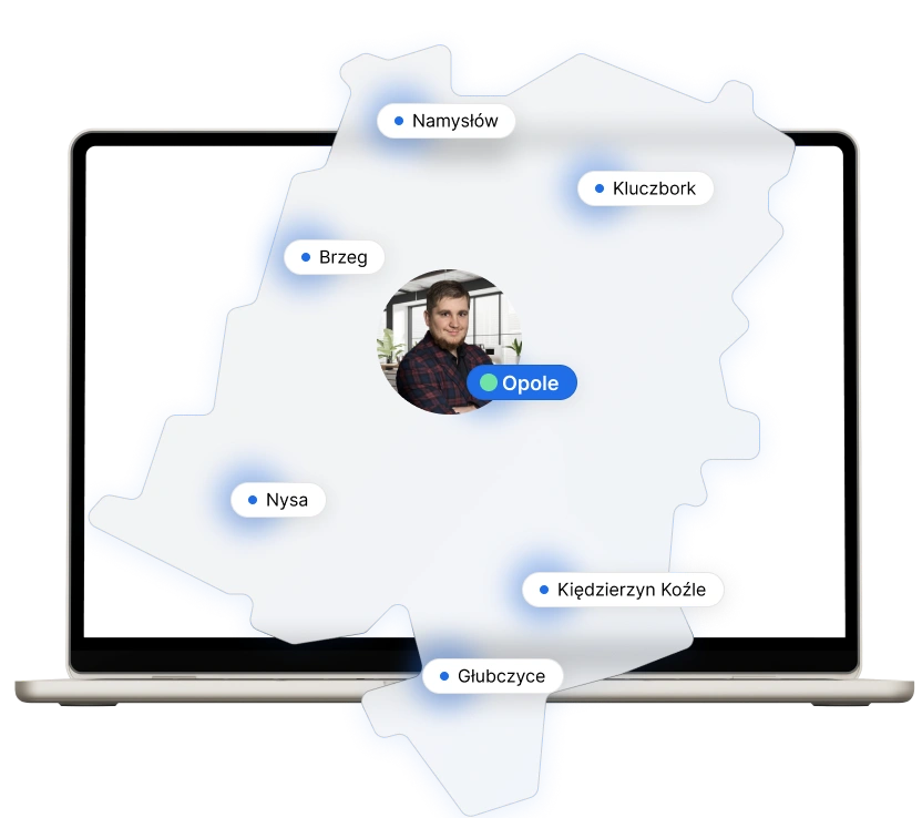 Mapa województwa z zaznaczonymi miastami: Namysłów, Kluczbork, Brzeg, Nysa, Kędzierzyn-Koźle, Głubczyce i Opole. Obok widoczna statystyka pokazująca liczbę 37 miast, 71 gmin i 1017 miejscowości, w których świadczona jest pomoc prawna w sprawach odszkodowawczych. W centrum znajduje się zdjęcie prawniczki na tle eleganckiego biura, symbolizujące profesjonalną obsługę.