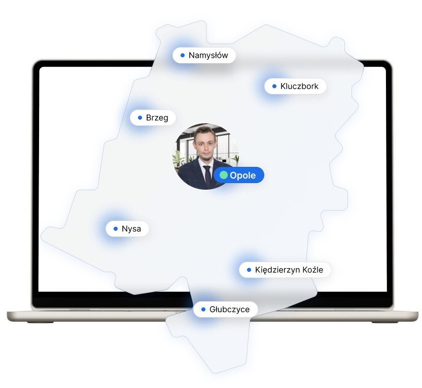 Mapa województwa z zaznaczonymi miastami: Namysłów, Kluczbork, Brzeg, Nysa, Kędzierzyn-Koźle, Głubczyce i Opole. Obok widoczna statystyka pokazująca liczbę 37 miast, 71 gmin i 1017 miejscowości, w których świadczona jest pomoc prawna w sprawach odszkodowawczych. W centrum znajduje się zdjęcie prawniczki na tle eleganckiego biura, symbolizujące profesjonalną obsługę.